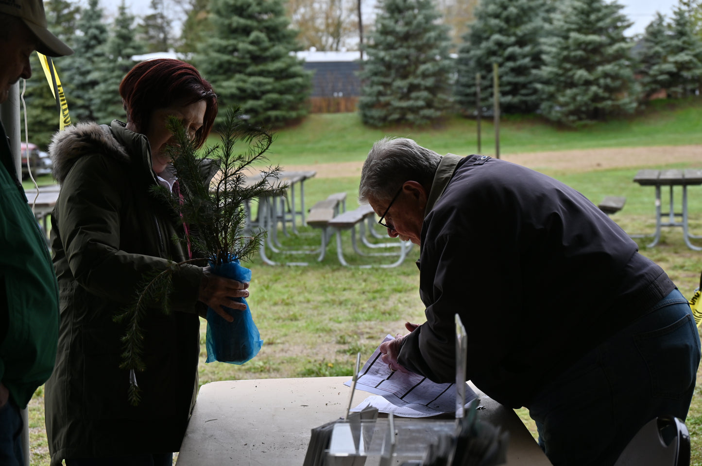 Volunteer helping a resident pickup tree seedlings with identification.